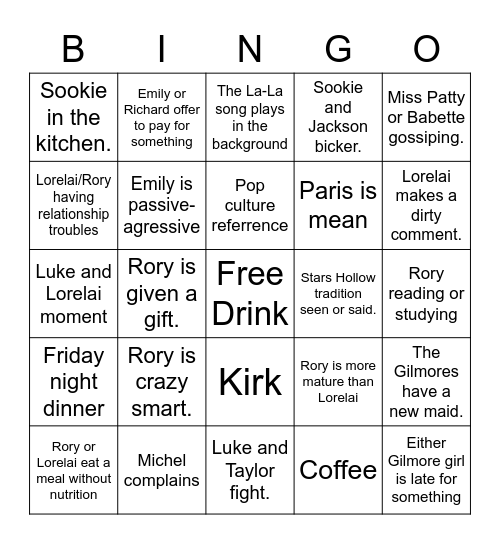 Gilmore Girls Drinking Bingo Card