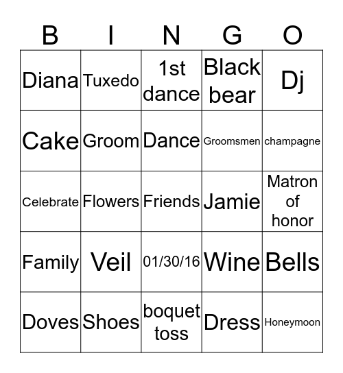 Diana and jamie Bingo Card
