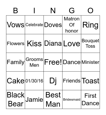 Jamie and Diana Bingo Card