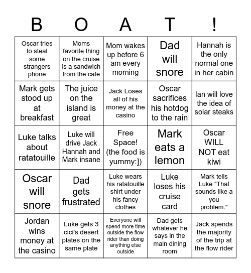 Cruise Bingo (oh buddy boy) Bingo Card