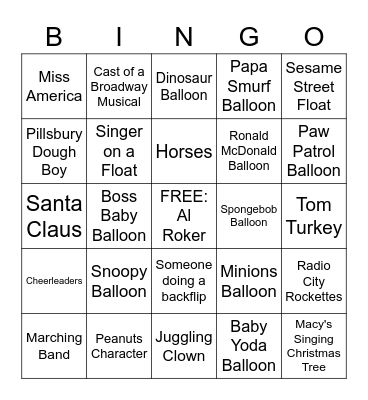 Macy's Thanksgiving Day Parade Bingo Card