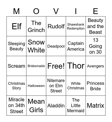 Movie Night Bingo Card