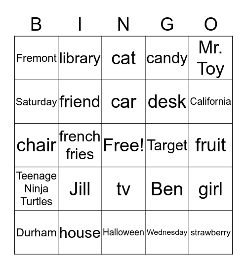 Proper Nouns Bingo Card