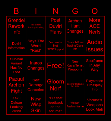 November Warframe Dev-Stream 2022 Bingo Card