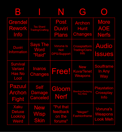 November Warframe Dev-Stream 2022 Bingo Card