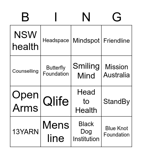 Mental Health Support and Services Bingo Card