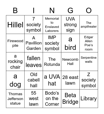 UVA Grounds Scavenger Hunt Bingo Card