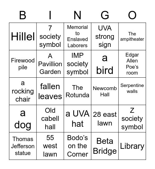 UVA Grounds Scavenger Hunt Bingo Card