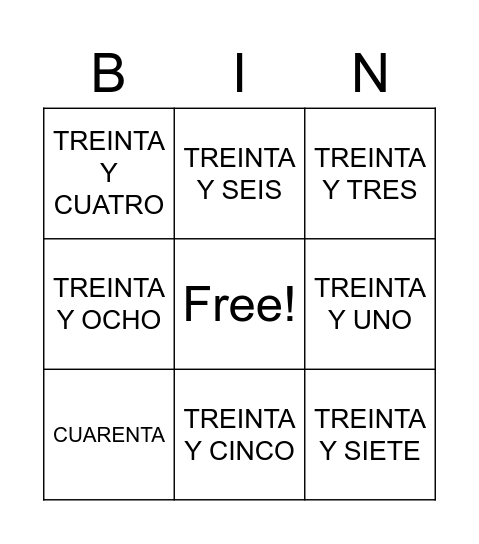 NUMEROS 30-40 Bingo Card