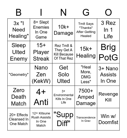 Overwatch 2 Support Bingo Card