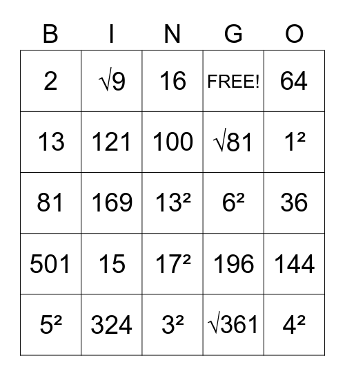 Kwadraten en wortels Bingo Card