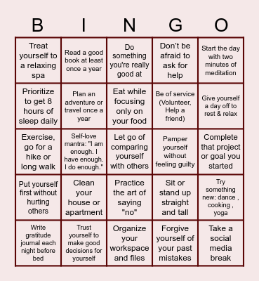 Ways to Practice Self-Love Bingo Card