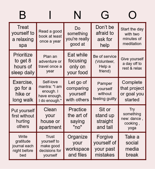 Ways to Practice Self-Love Bingo Card