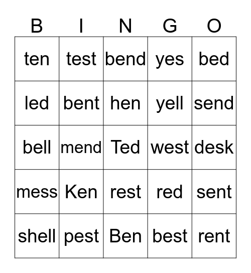Short e Bingo Card