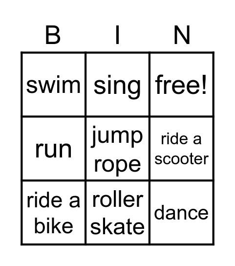 activities Bingo Card