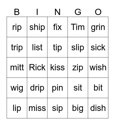 Short i Bingo Card