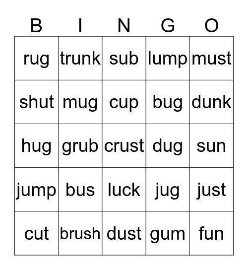 Short u Bingo Card