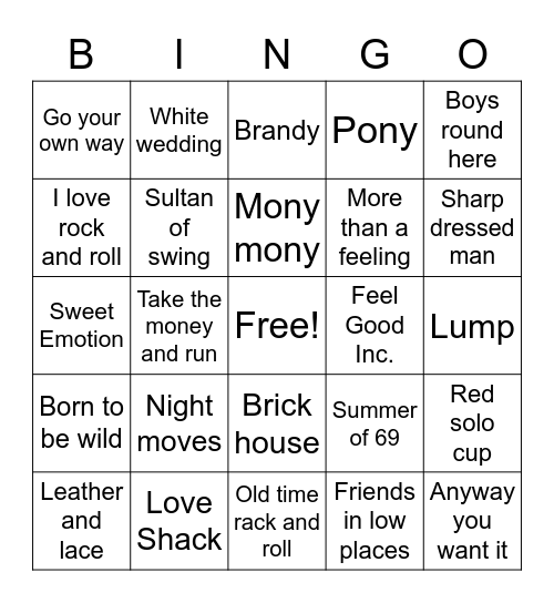 Juke Box Jams Bingo Card