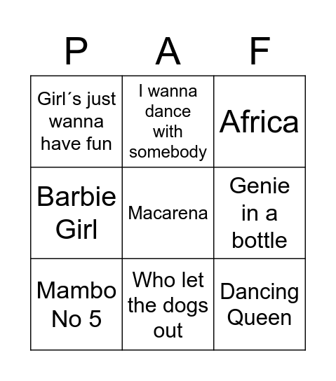 PAF Christmas Bingo Card