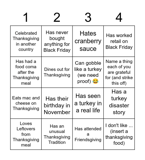 Thanksgiving Bingo Card