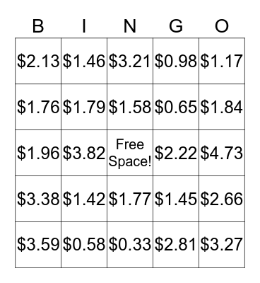 Average Prices of Foods Bingo Card