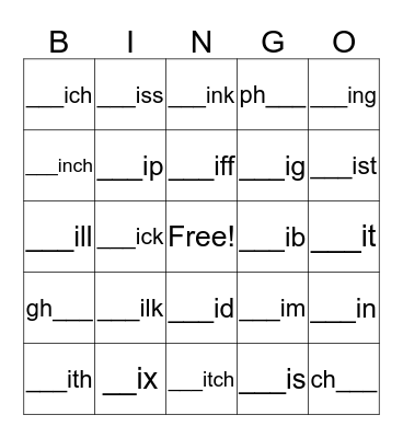 Word Family Bingo Card