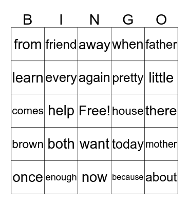 Round 1 Sight Words Bingo Card