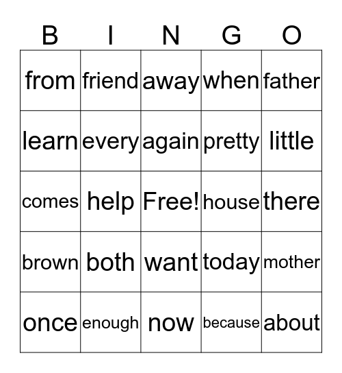Round 1 Sight Words Bingo Card