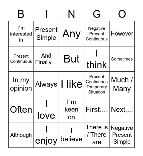 Oral Exam Bingo Card