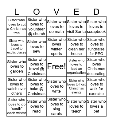 P.E.O. Take Time to Love & Know Your Sisters Bingo Card