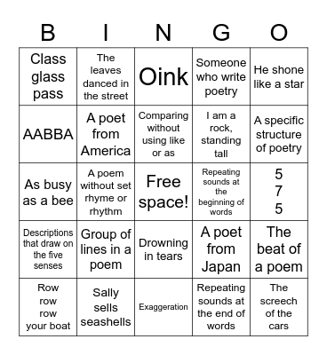 Elements of Poetry Bingo Card