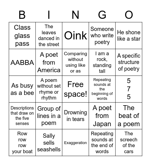 Elements of Poetry Bingo Card