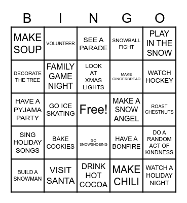 Winter Bucket List Bingo Card