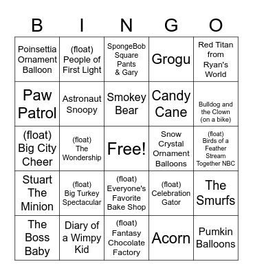Thanksgiving Day Parade 2022 - Balloons & Floats Bingo Card