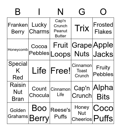 Theresa's Favorite Cereals Bingo Card