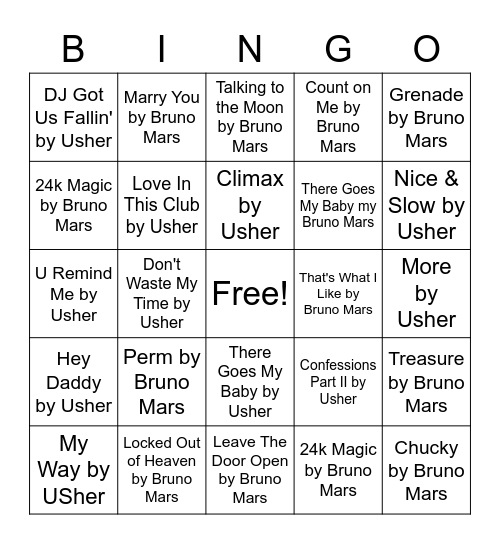 Usher vs Bruno Mars - ROUND 3 Bingo Card