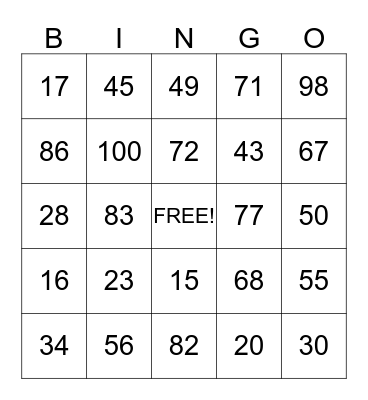 NUMBER BINGO Card
