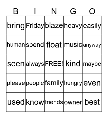 Spelling Bingo Card