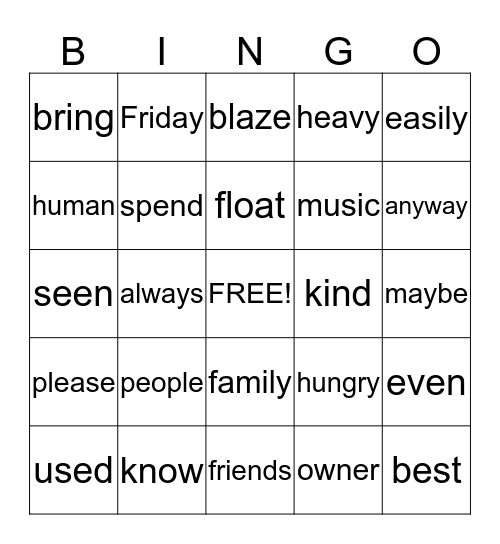 Spelling Bingo Card