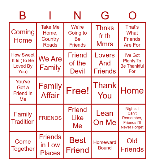 Friends & Family Bingo Card