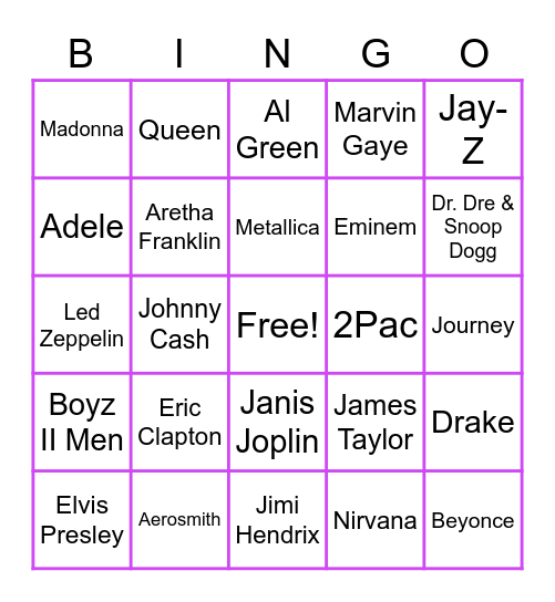 Artists We're Thankful For Bingo Card