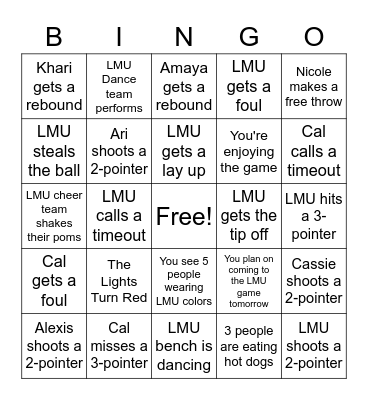 LMU Thanksgiving Tournament Bingo Card