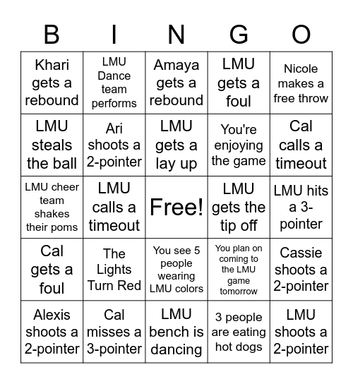 LMU Thanksgiving Tournament Bingo Card