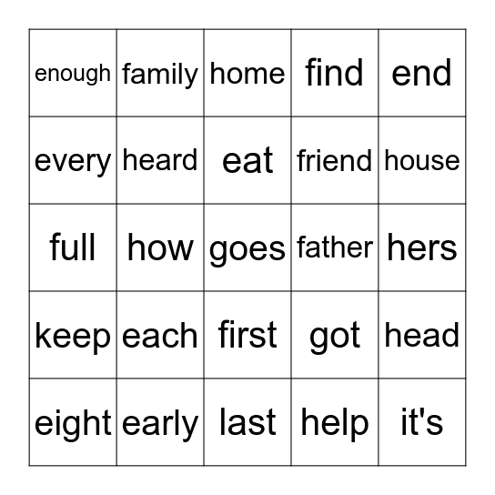 First Grade Words 26-50 Bingo Card