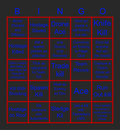 Rainbow Six SIege Bingo Card