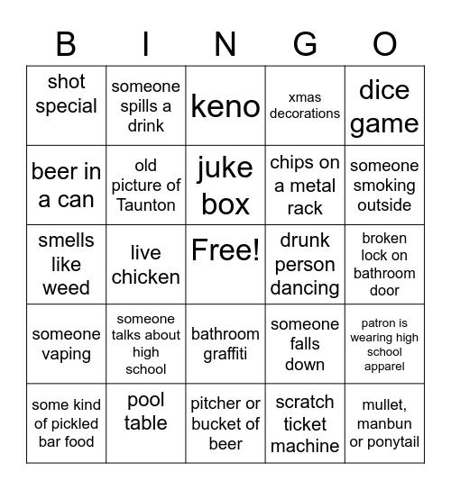 Dive Bar Bingo Card