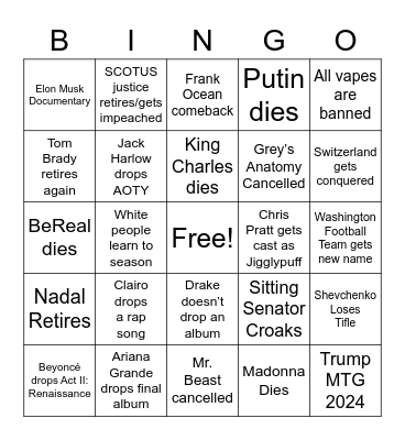 2023 Predictions Bingo Card