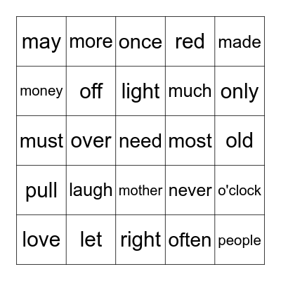 First Grade Words 51-75 Bingo Card