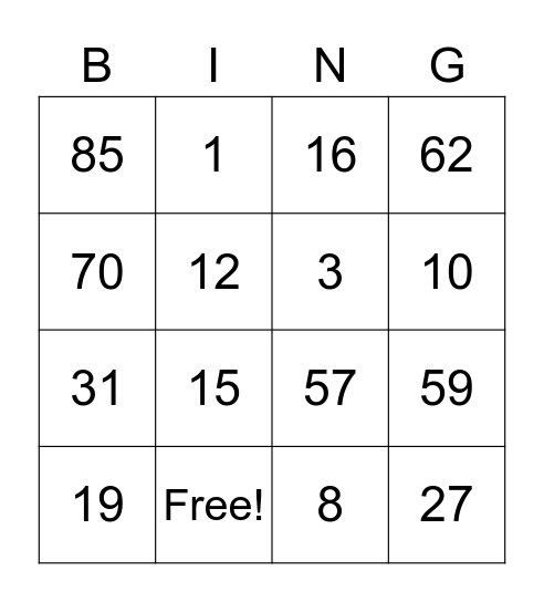 Números de 0 a 100 Bingo Card