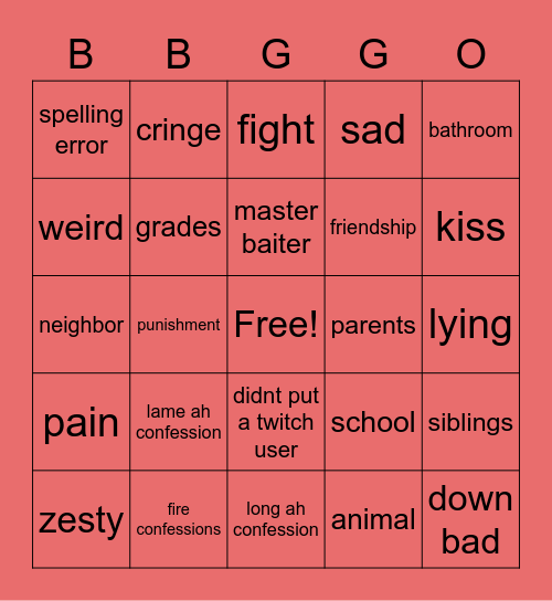 Confessions Bingo Card